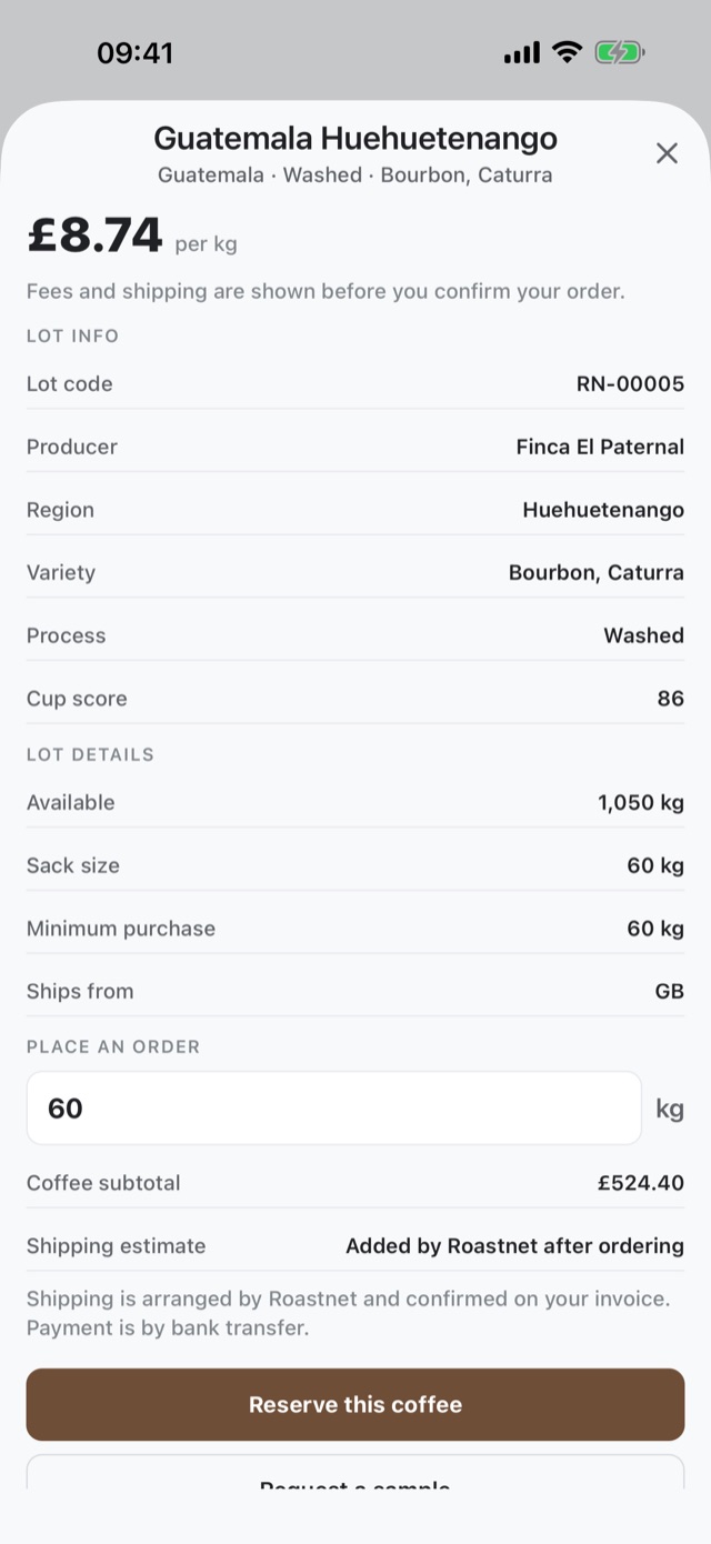 Green coffee lot detail in the Roastnet app with cup score, availability and ordering