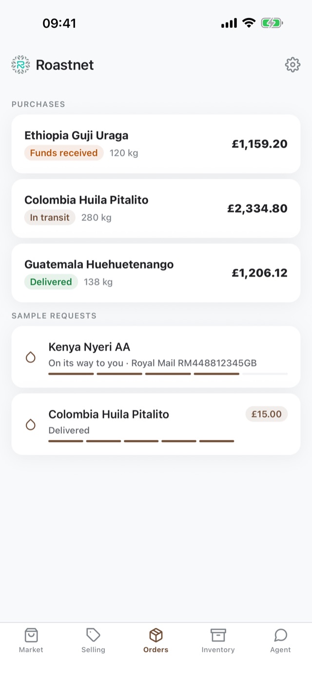 Orders tab in the Roastnet app tracking purchases and sample requests