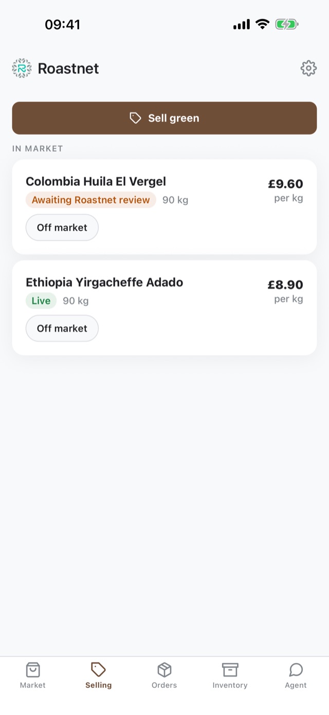 Selling tab in the Roastnet app with one listing awaiting review and one live on the market