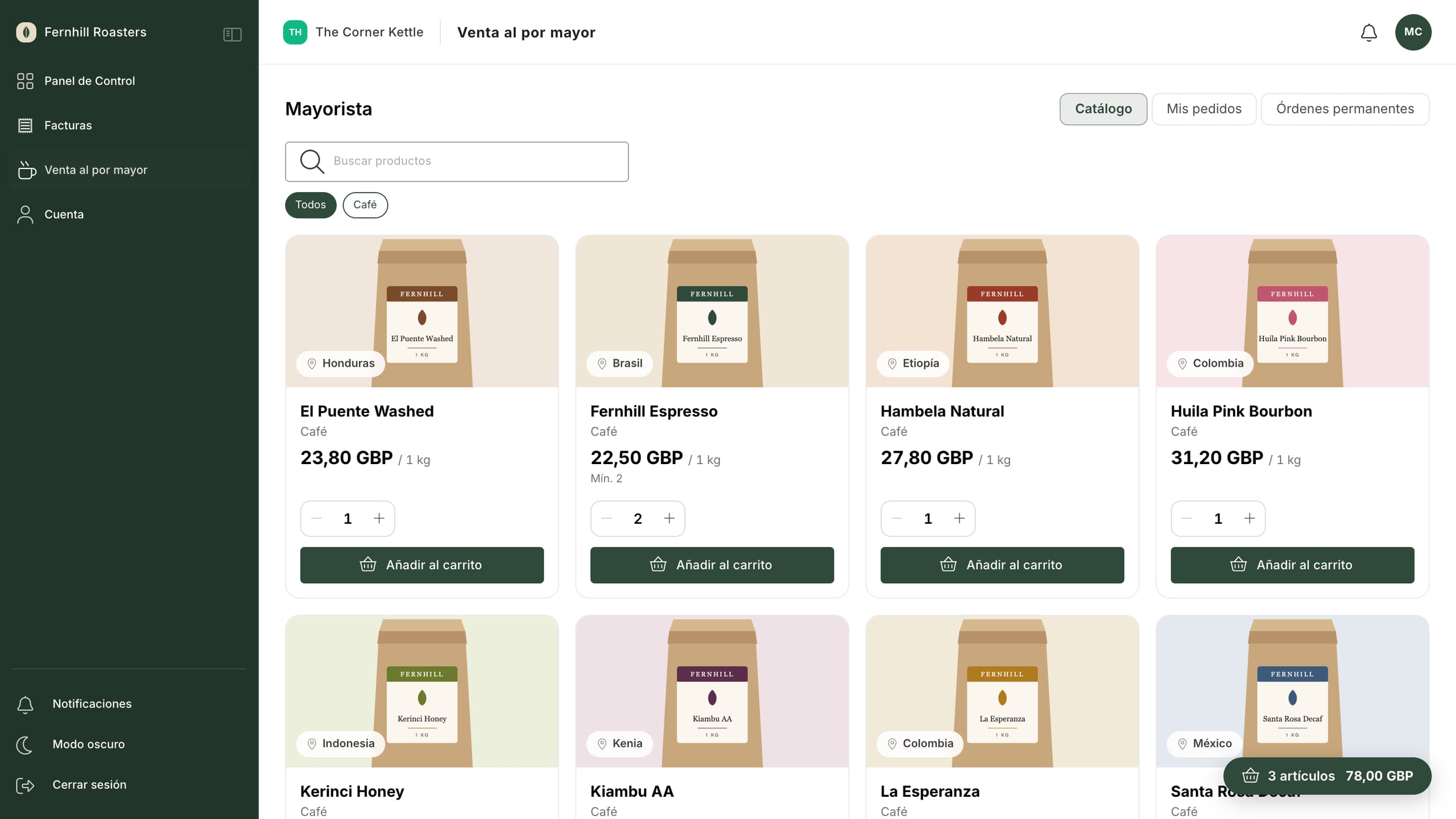 El portal mayorista de un café en Roastnet: los cafés de la tostadora con precios comerciales, un carrito de pedidos, historial de pedidos y pedidos permanentes.