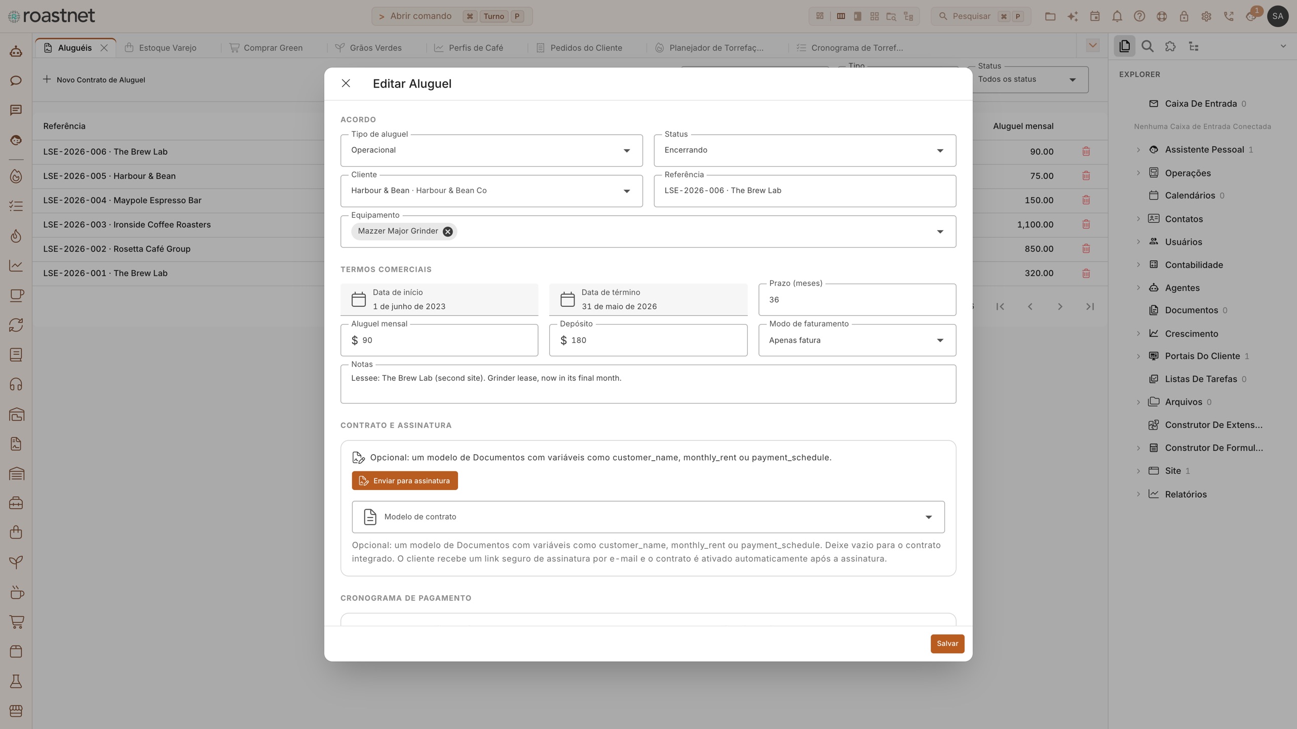 Visão da frota de equipamentos de espresso em leasing no Roastnet
