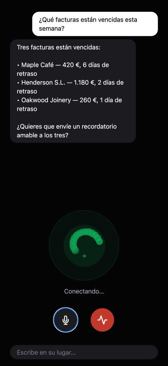 Pantalla de voz de la app Sois Agent