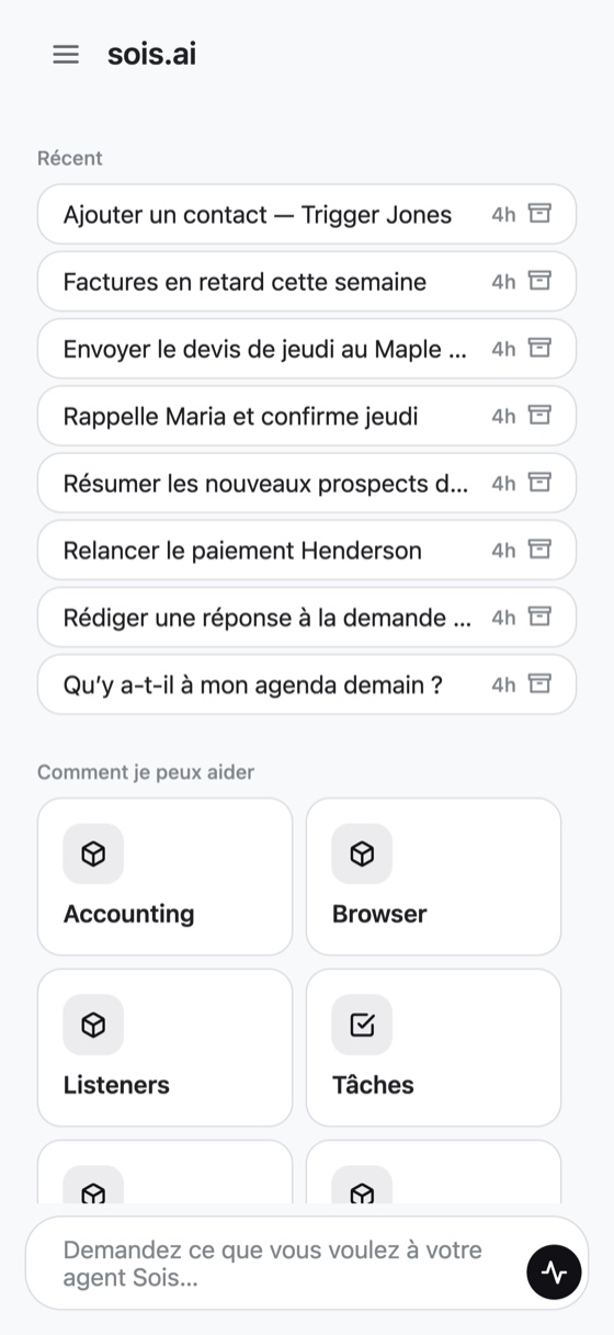 Écran de discussion de l'application Sois Agent