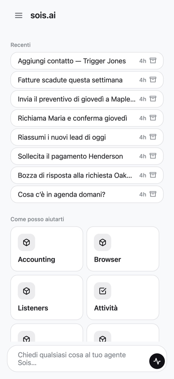 Schermata chat dell'app Sois Agent